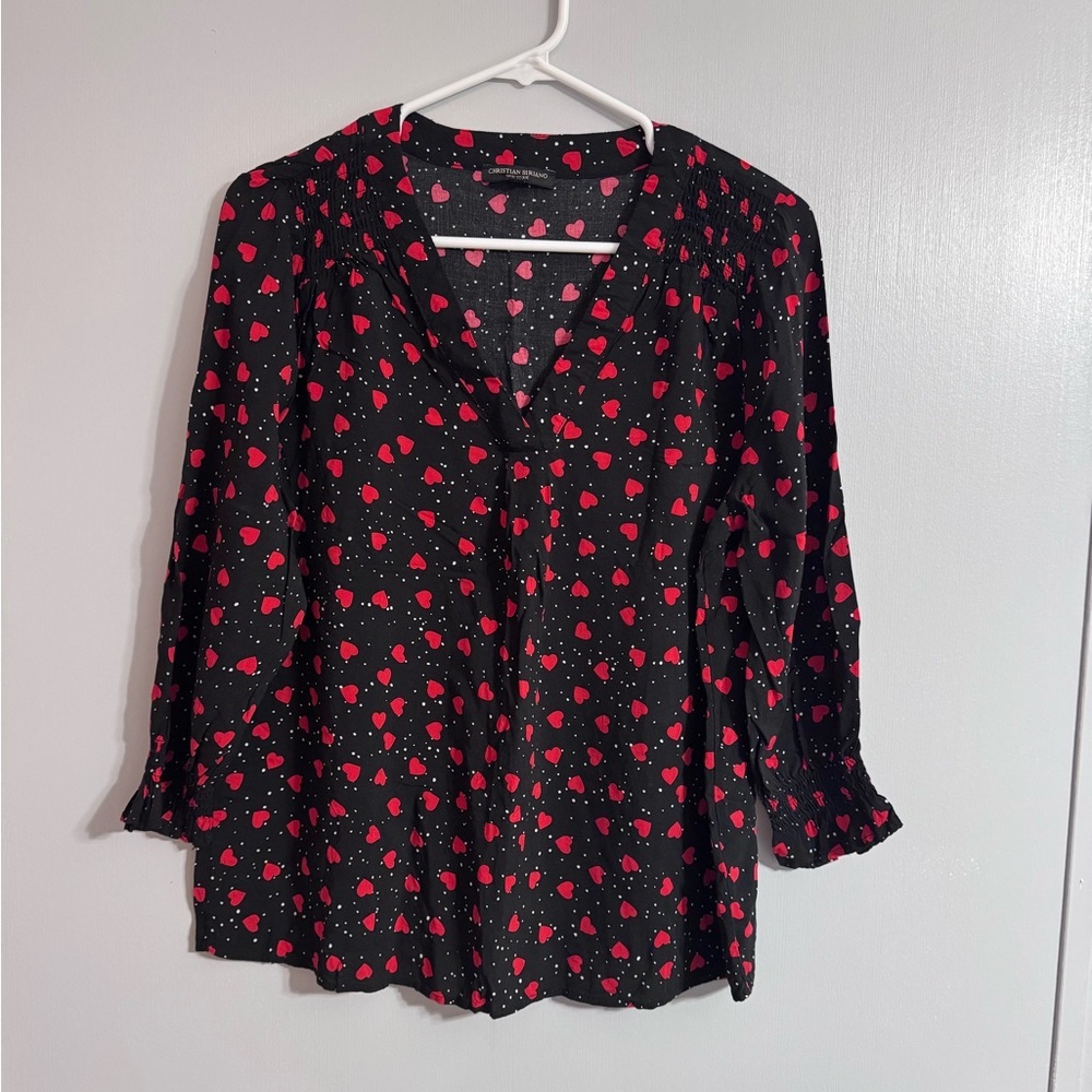 Christian Siriano Black Blouse with Red Heart Pattern Size Large